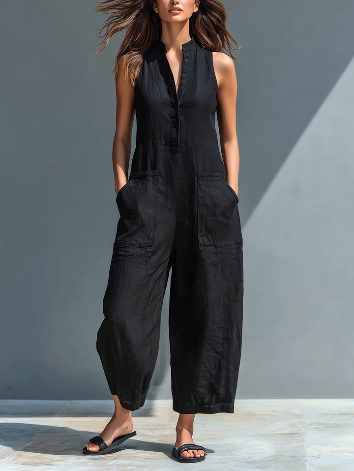 Colette linen-blend jumpsuit in black, sleeveless button-up front view