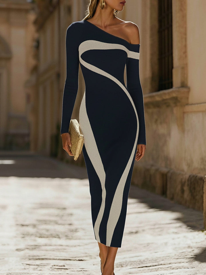 Cosette one-shoulder ribbed knit midi dress in blue, front view