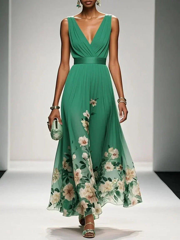 Genevieve floral chiffon wedding guest maxi dress in Green, front view