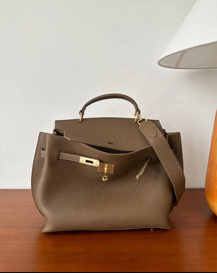 Structured top-handle leather satchel bag in taupe, front view