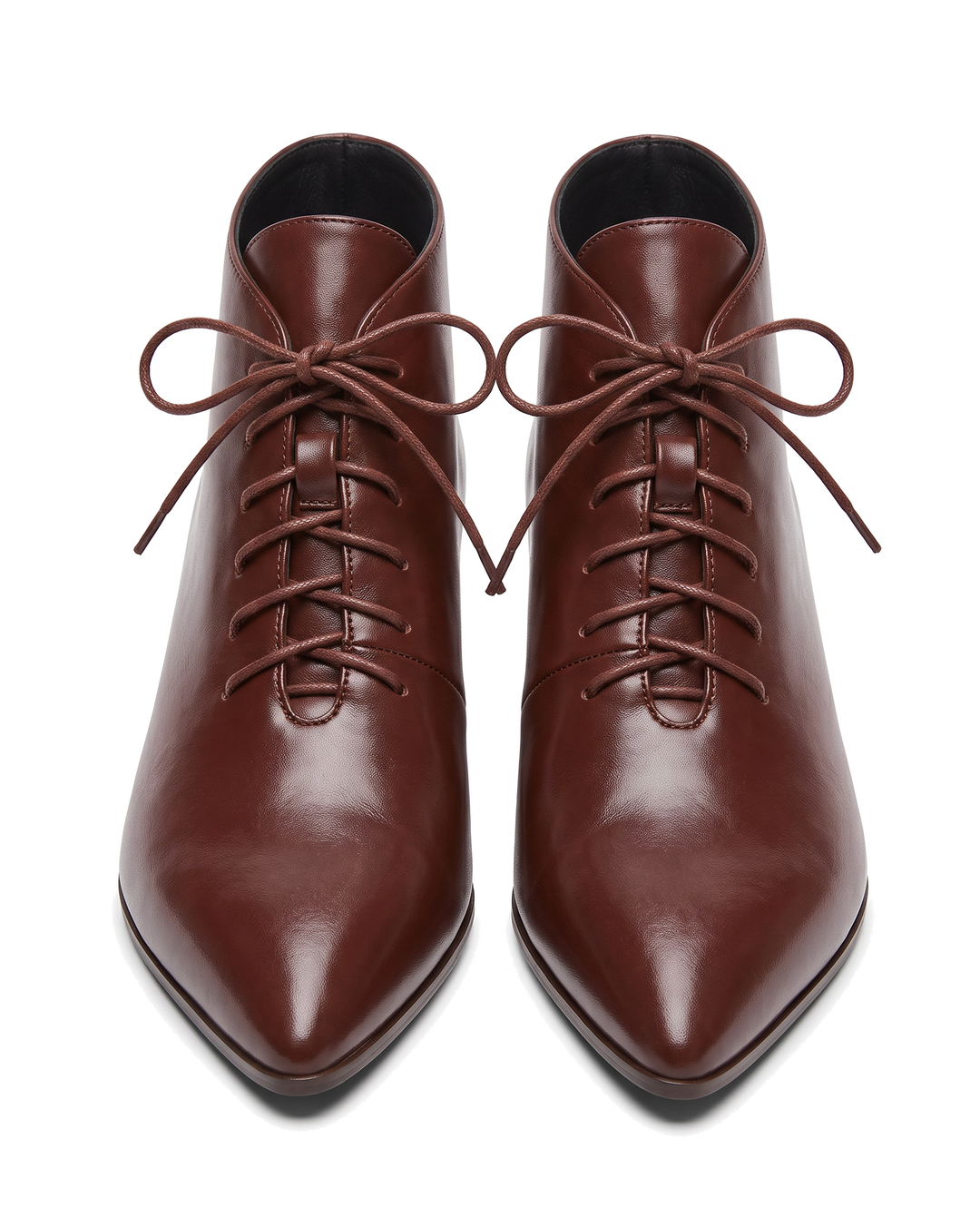 Marguerite women's flat lace-up pointed toe ankle boots in brown, front view
