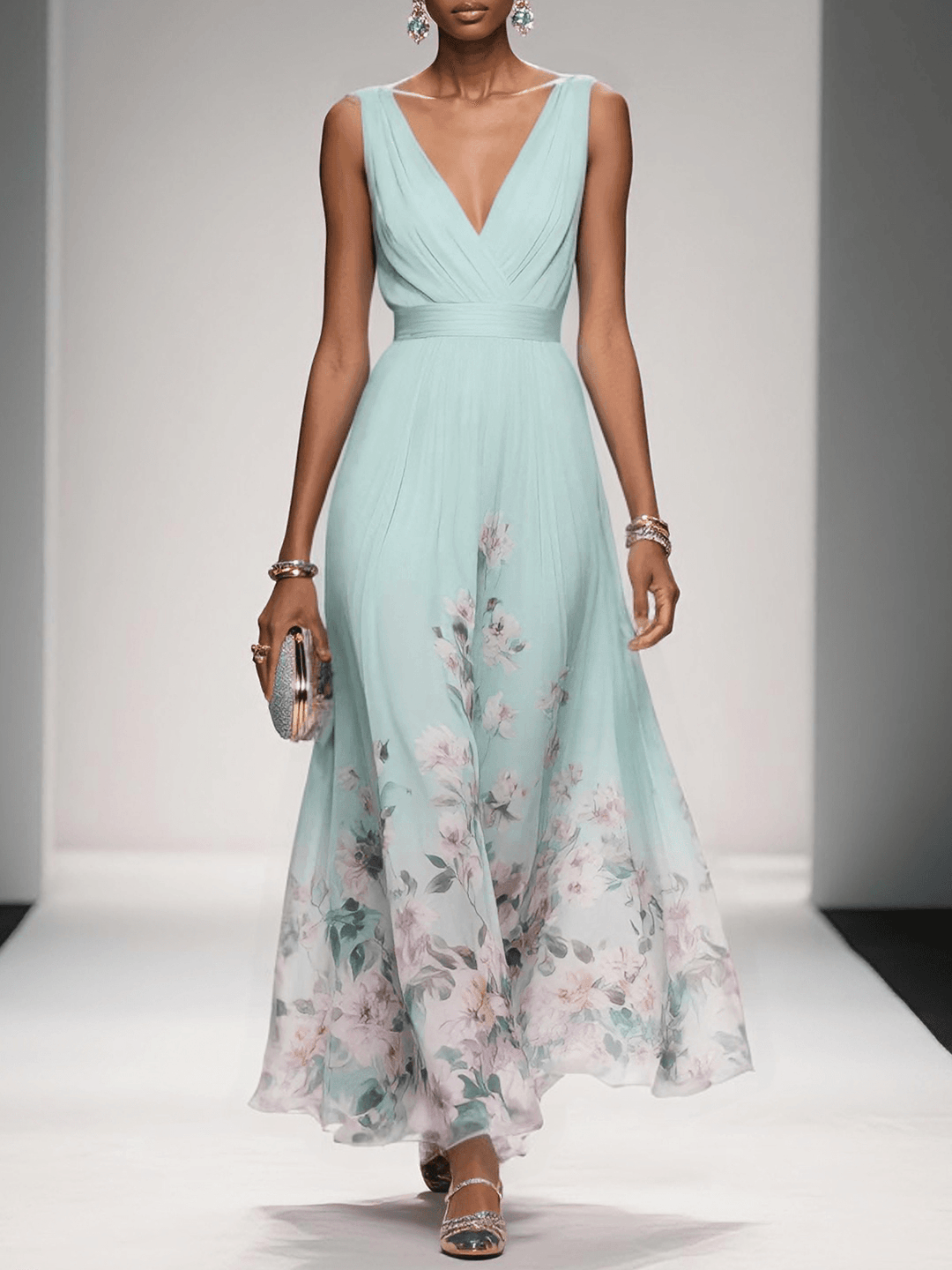 Genevieve floral chiffon wedding guest maxi dress in Light Green, front view