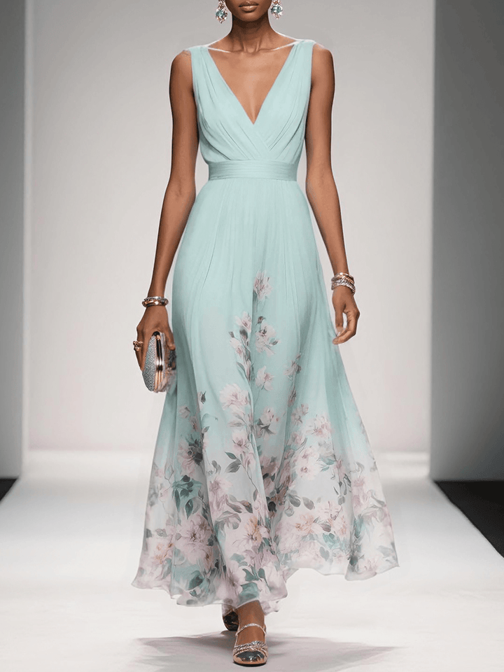 Genevieve floral chiffon wedding guest maxi dress in Light Green, front view