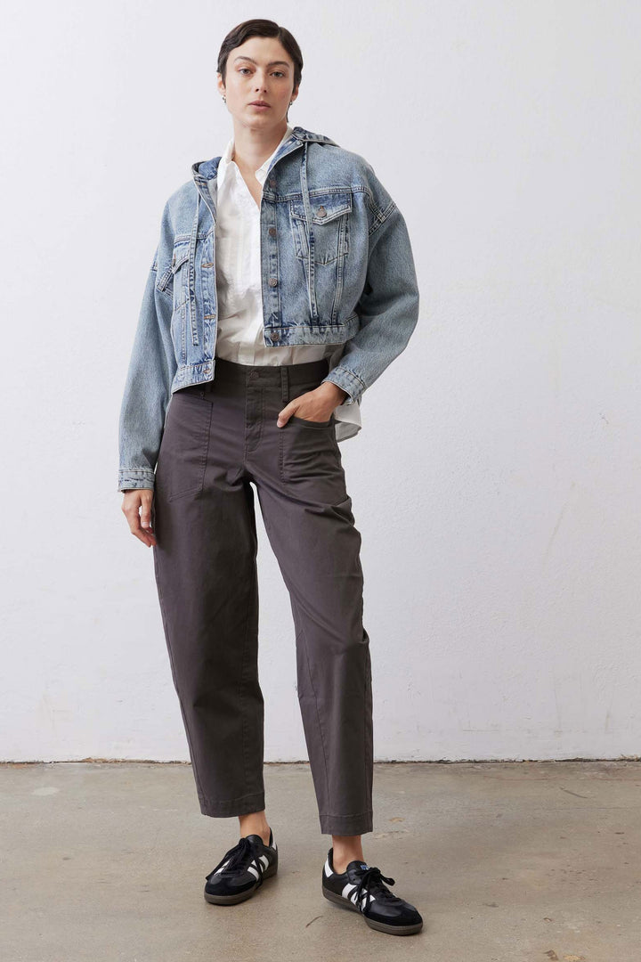 Washed blue cropped hooded denim jacket, open front with drawstring hood