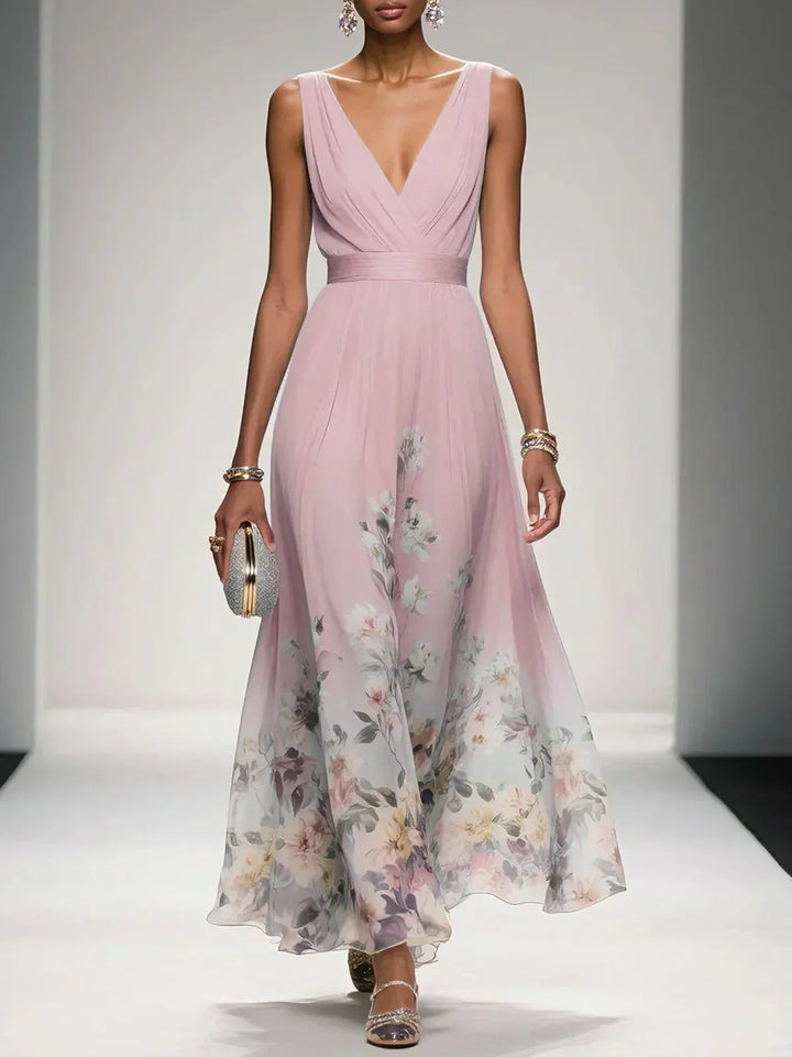 Genevieve floral chiffon wedding guest maxi dress in Pink, front view