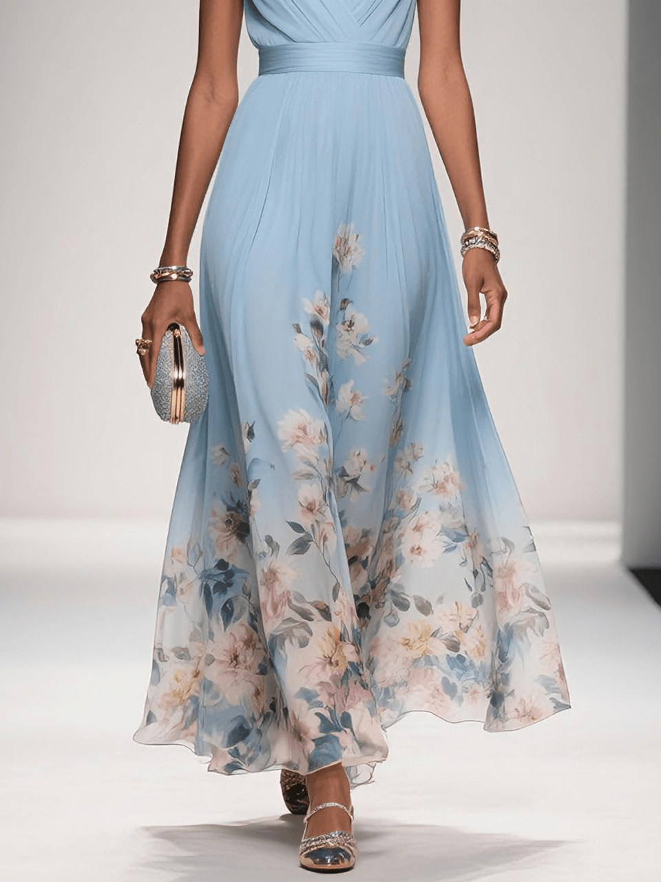Floral chiffon maxi dress high-low hem and floral print detail