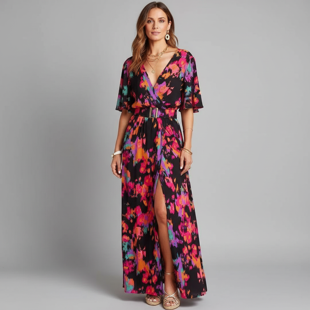 Ella Boho Maxi Wrap Dress for Women | V-Neck Long Sleeve Summer Dress