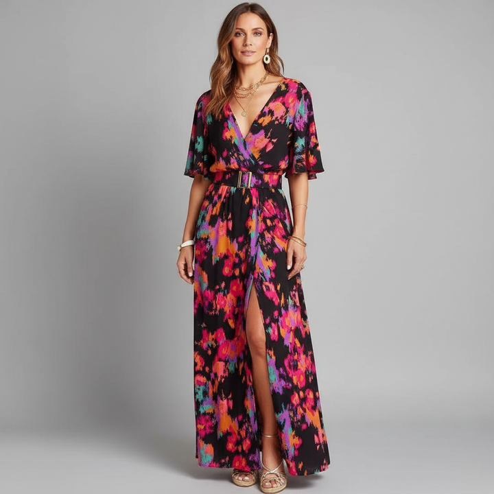 Ella Boho Maxi Wrap Dress for Women | V-Neck Long Sleeve Summer Dress