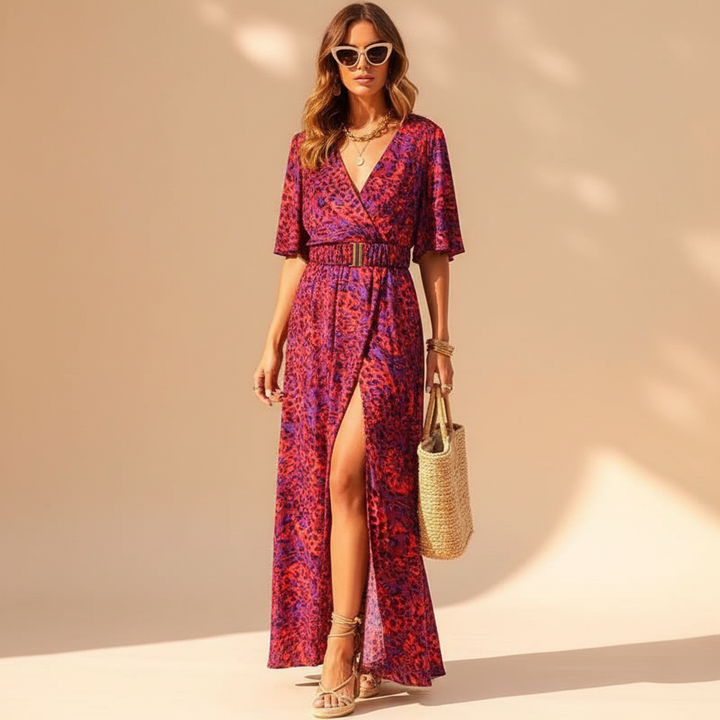 Ella Boho Maxi Wrap Dress for Women | V-Neck Long Sleeve Summer Dress