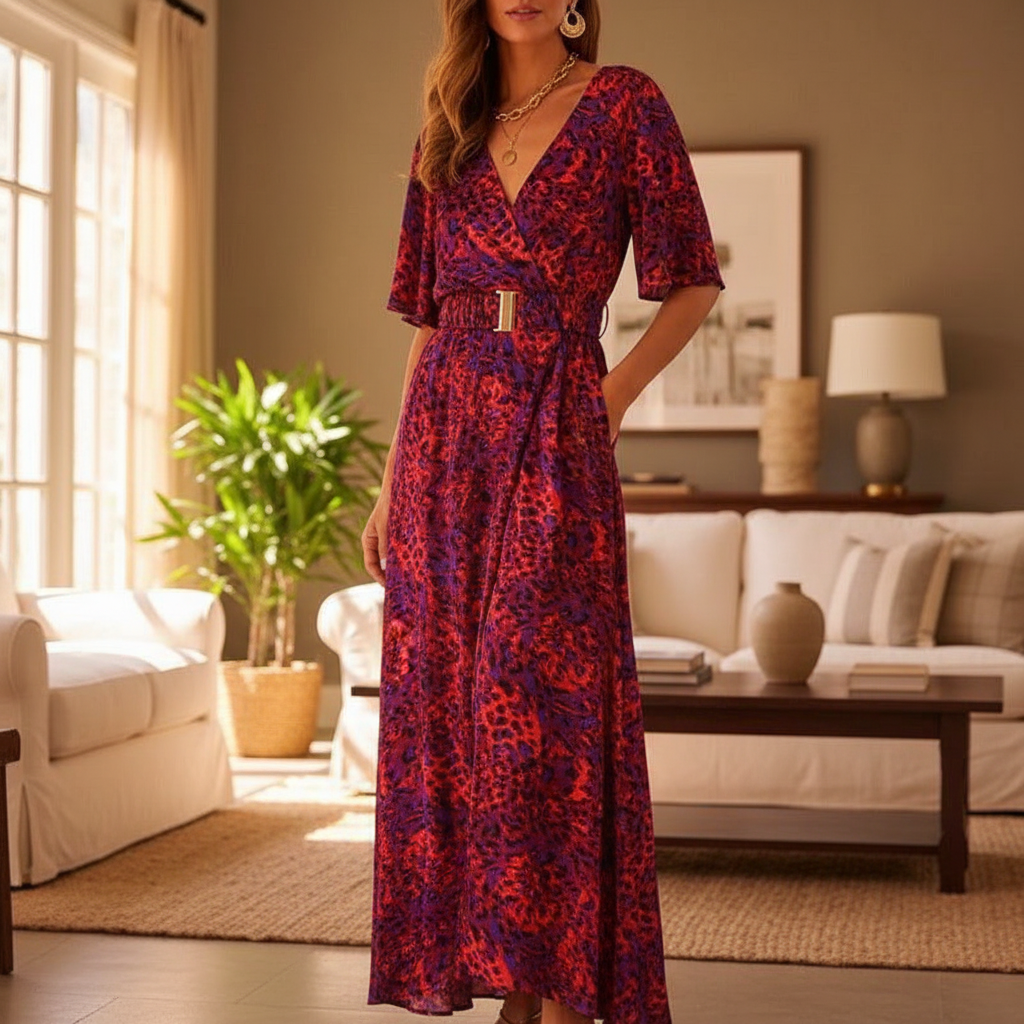 Ella Boho Maxi Wrap Dress for Women | V-Neck Long Sleeve Summer Dress