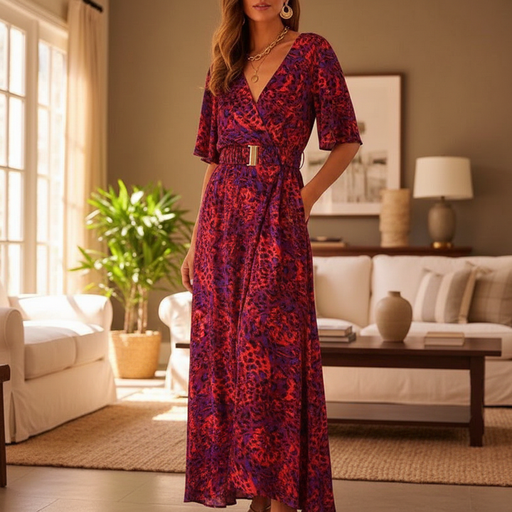 Ella Boho Maxi Wrap Dress for Women | V-Neck Long Sleeve Summer Dress