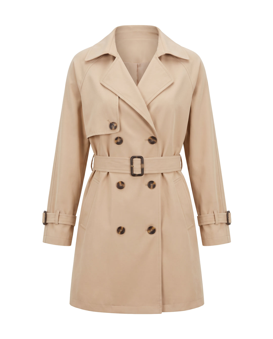 Women's double breasted belted trench coat in khaki beige, front view