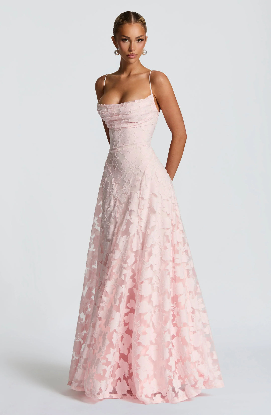 Vivienne Lace Corset Maxi Dress in Powder Pink, detail