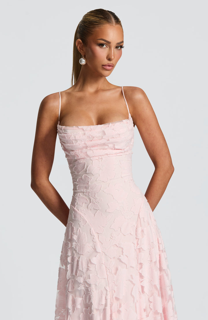 Vivienne Lace Corset Maxi Dress in Powder Pink, back view
