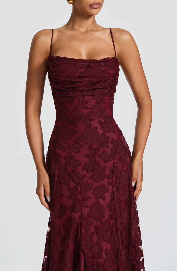 Vivienne Lace Corset Maxi Dress in Cherry Lacquer, back view