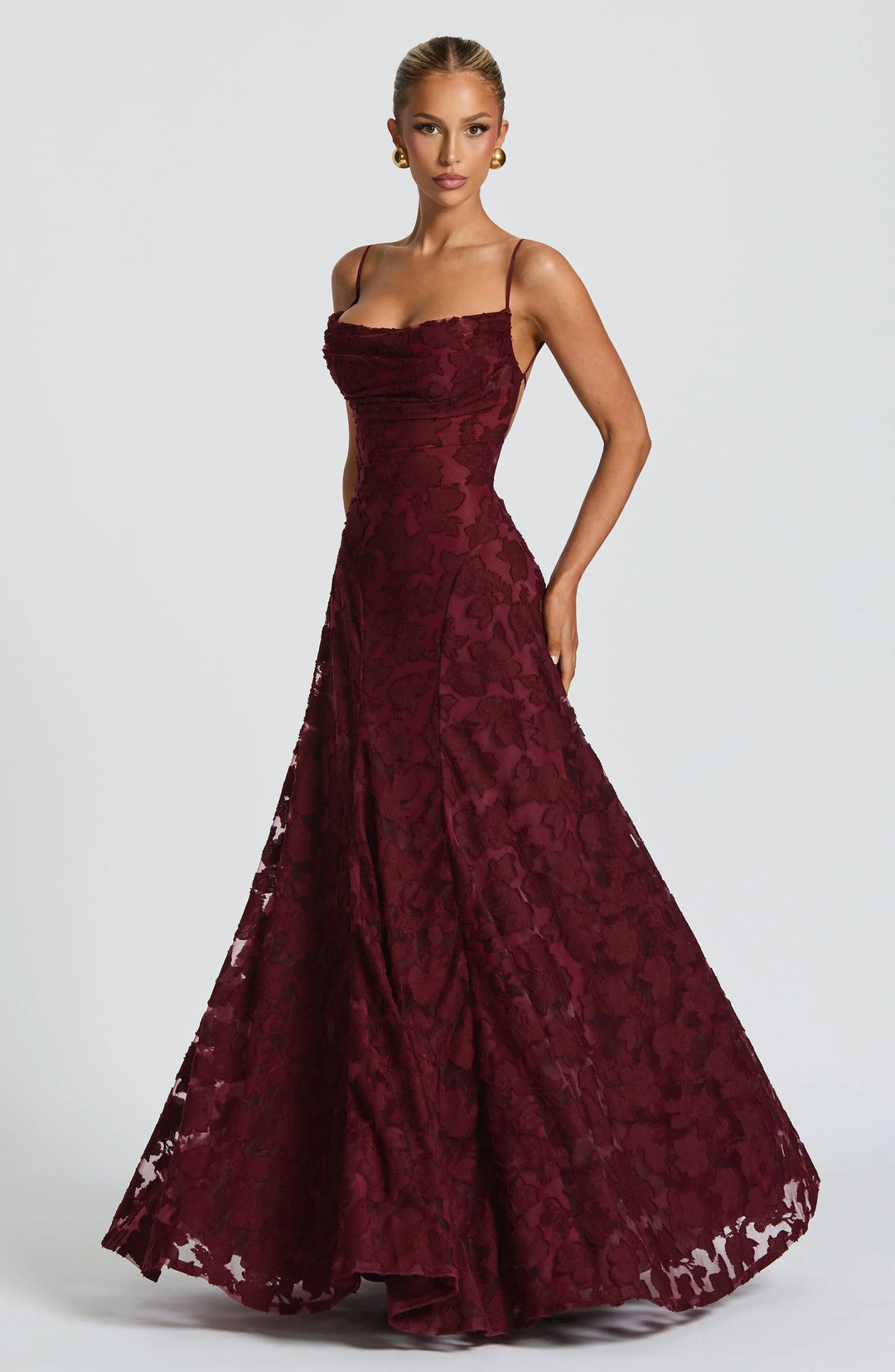 Vivienne Lace Corset Maxi Dress in Cherry Lacquer, detail