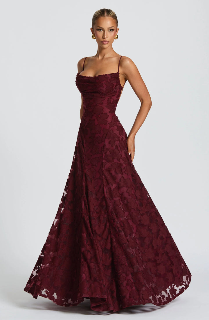 Vivienne Lace Corset Maxi Dress in Cherry Lacquer, detail