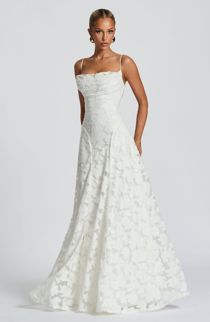 Vivienne Lace Corset Maxi Dress in Ivory, detail