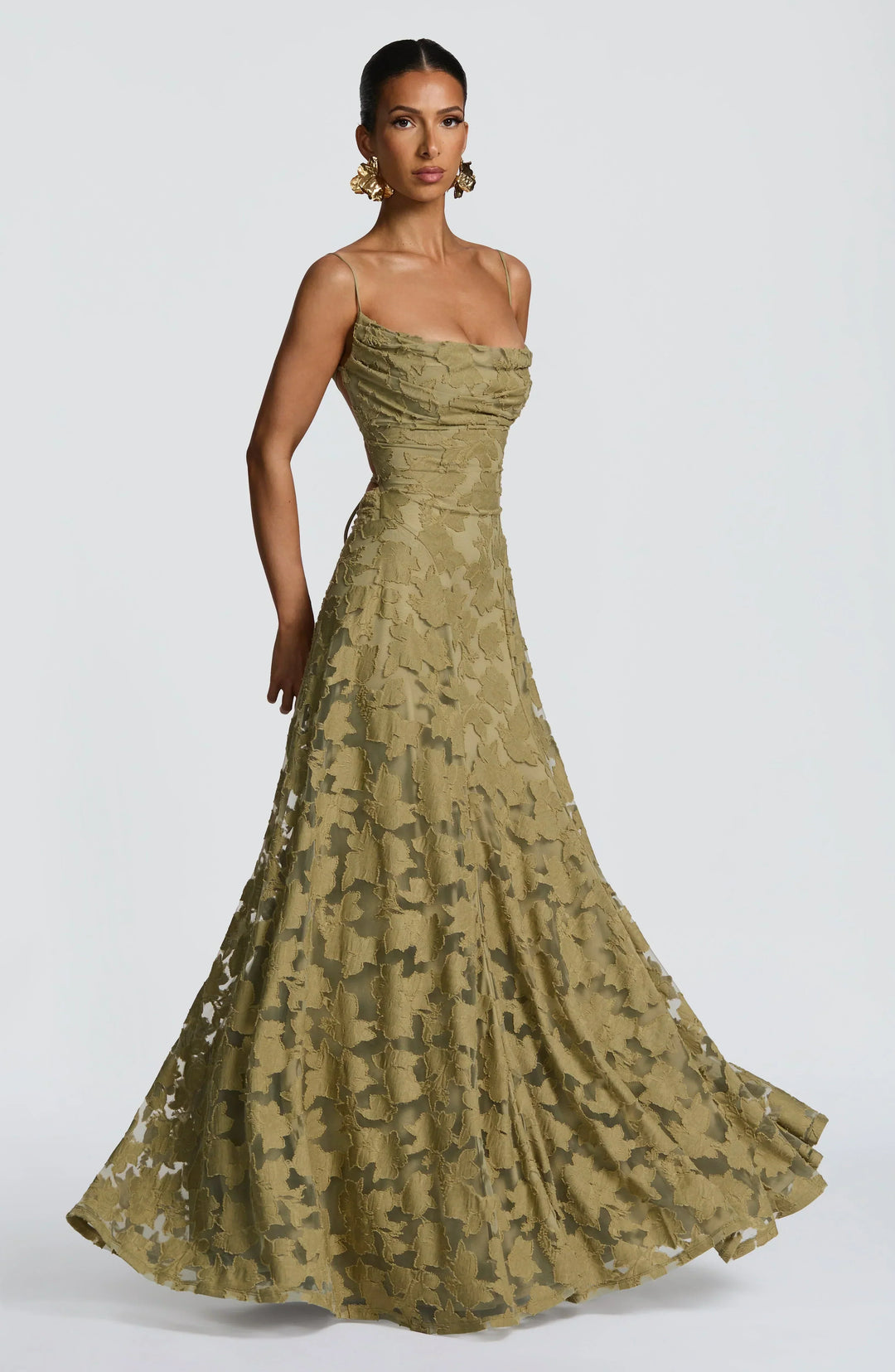 Vivienne Lace Corset Maxi Dress in Sage Green, detail