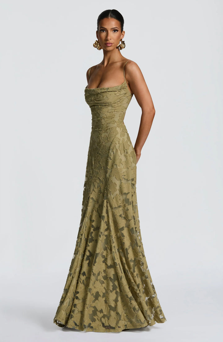 Vivienne Lace Corset Maxi Dress in Sage Green, back view