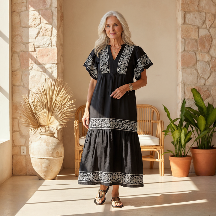 Rachel | Boho V Neck Midi Dress