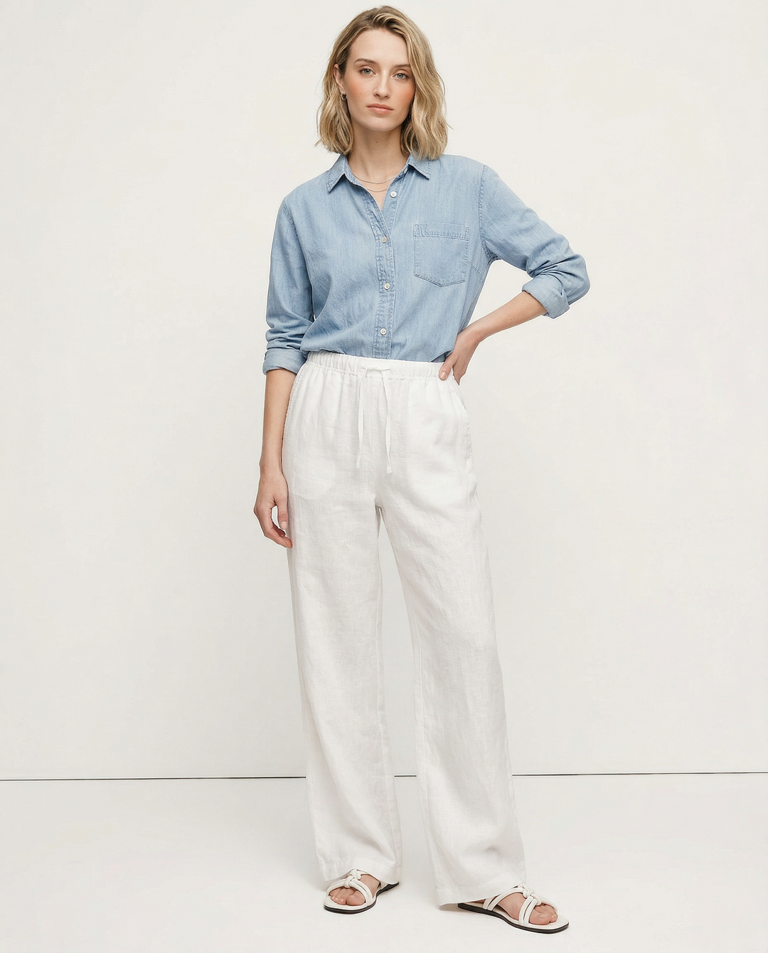 White wide leg linen pants for summer coastal and beach vacation outfit