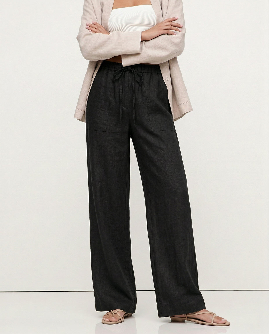 Drawstring Straight Leg Linen Pants for Women - View 1