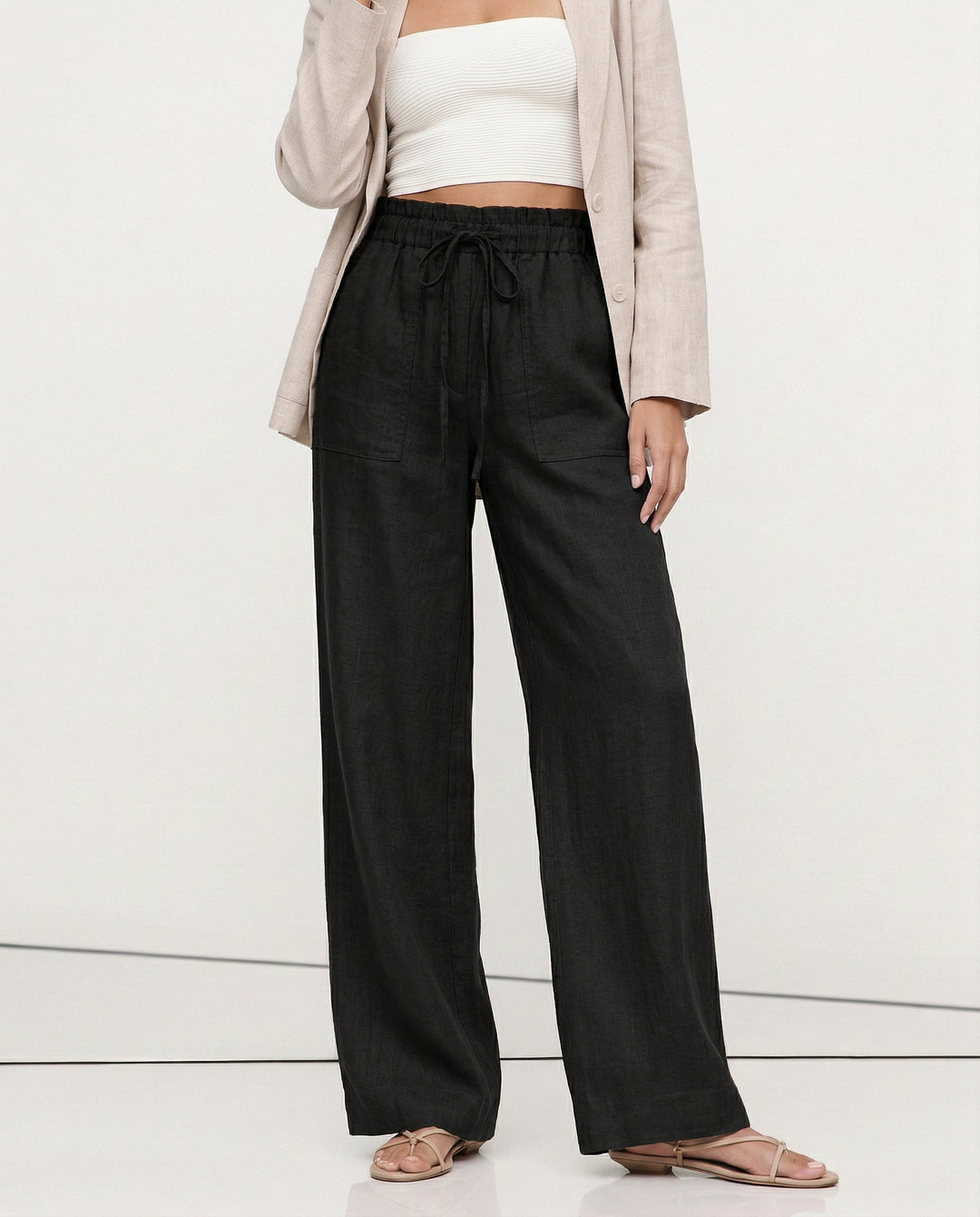 Drawstring Straight Leg Linen Pants for Women - View 3