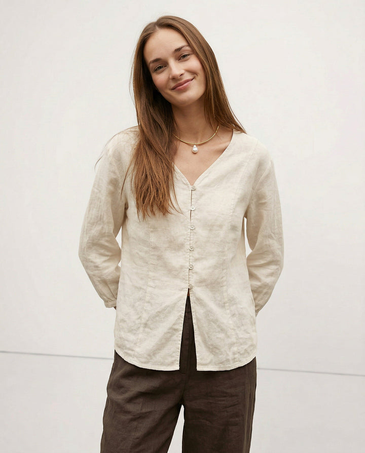 Fitted V-Neck Linen Blouse | Summer Workwear