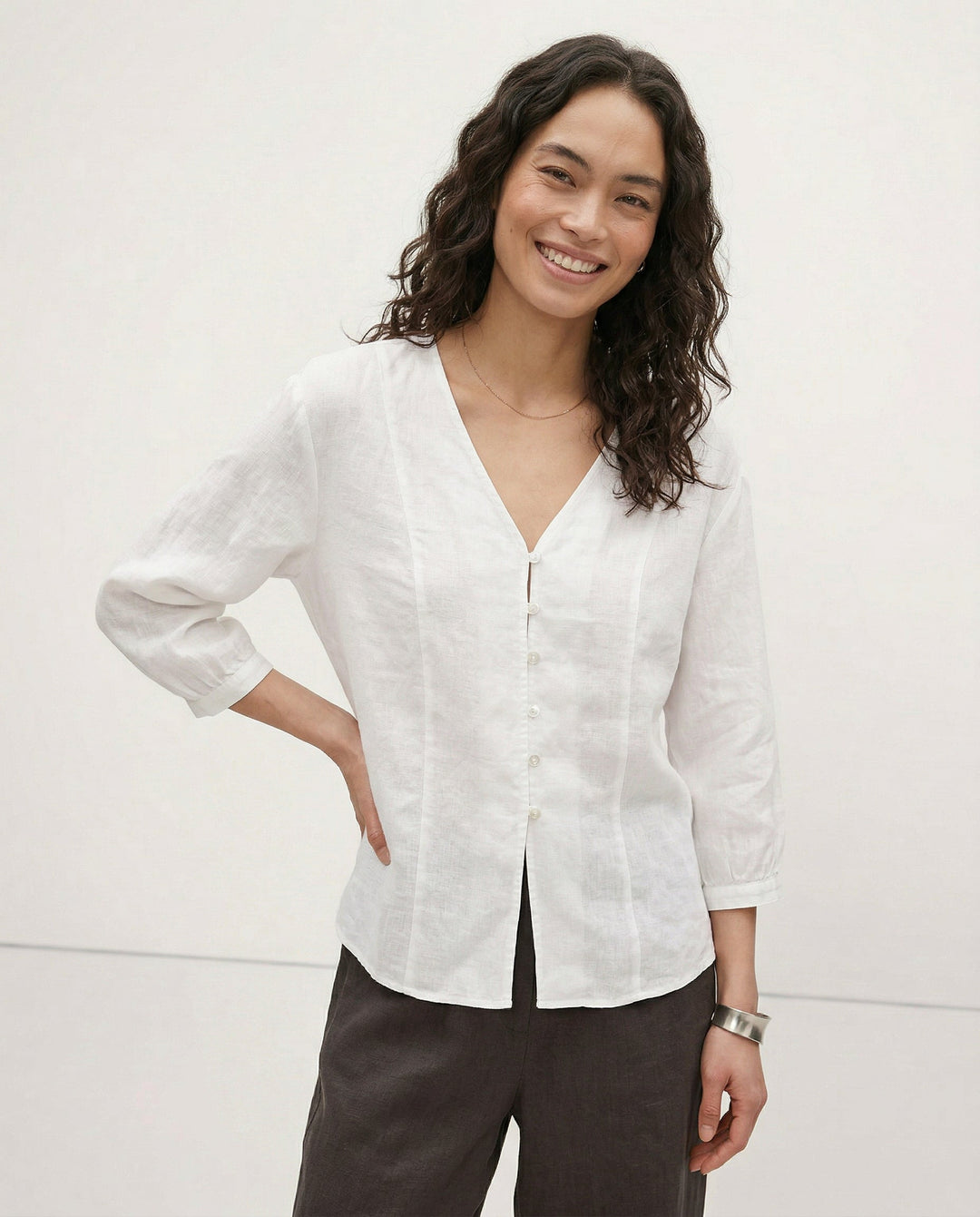 Fitted V-Neck Linen Blouse | Summer Workwear
