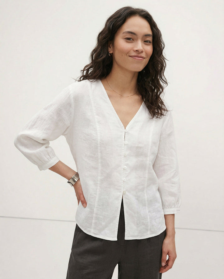 Fitted V-Neck Linen Blouse | Summer Workwear
