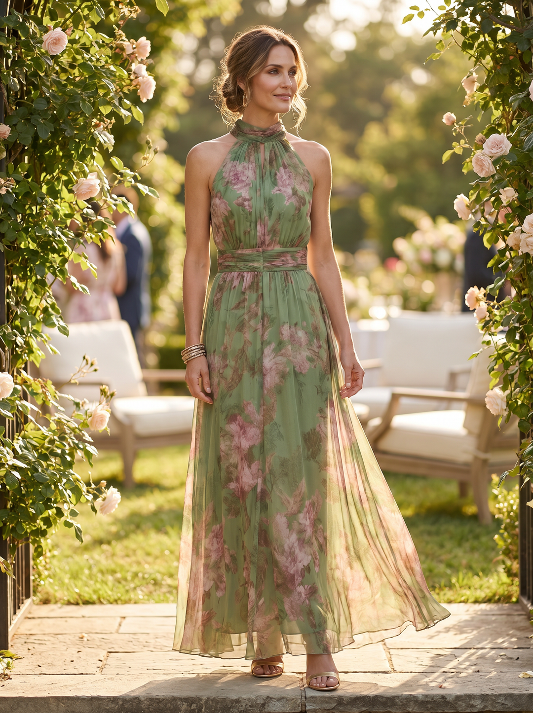 Esme Floral Chiffon Maxi Dress for women - halter neckline floral print - on model view 3