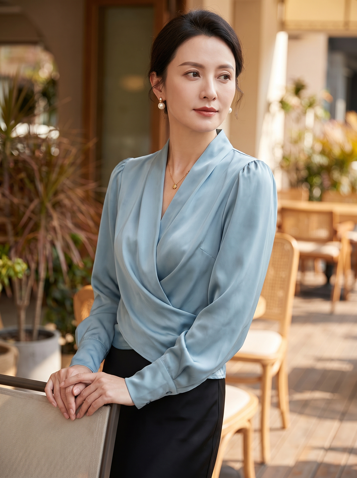 Colette Puff Sleeve Blouse - Light blue - on model lifestyle