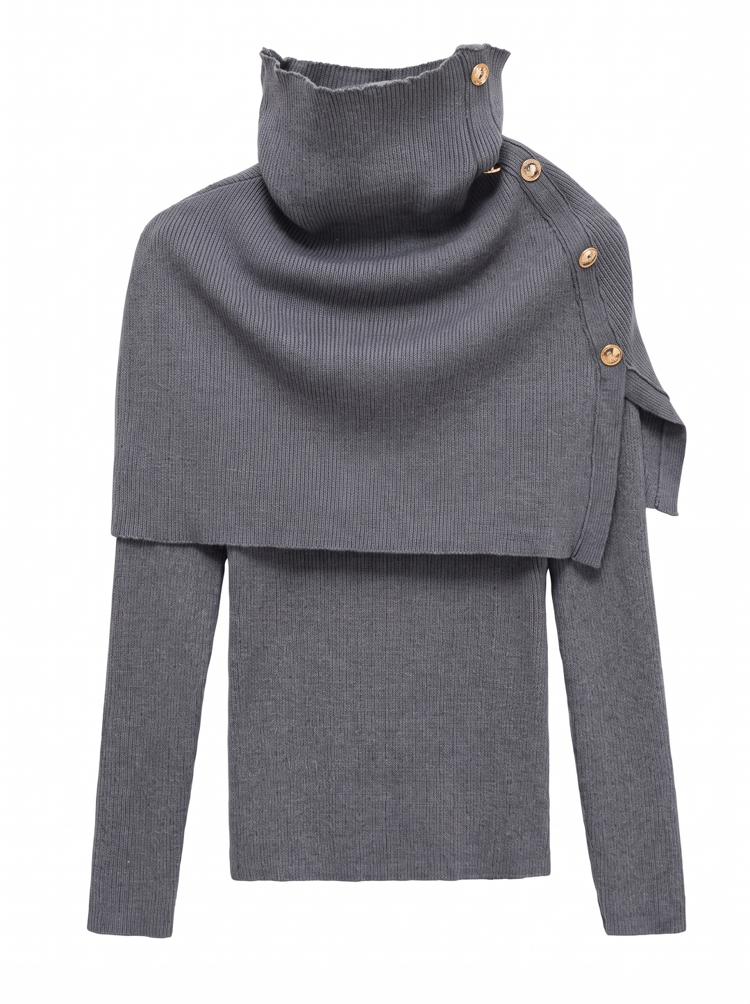 Grey ribbed knit top with buttoned cape collar, front view