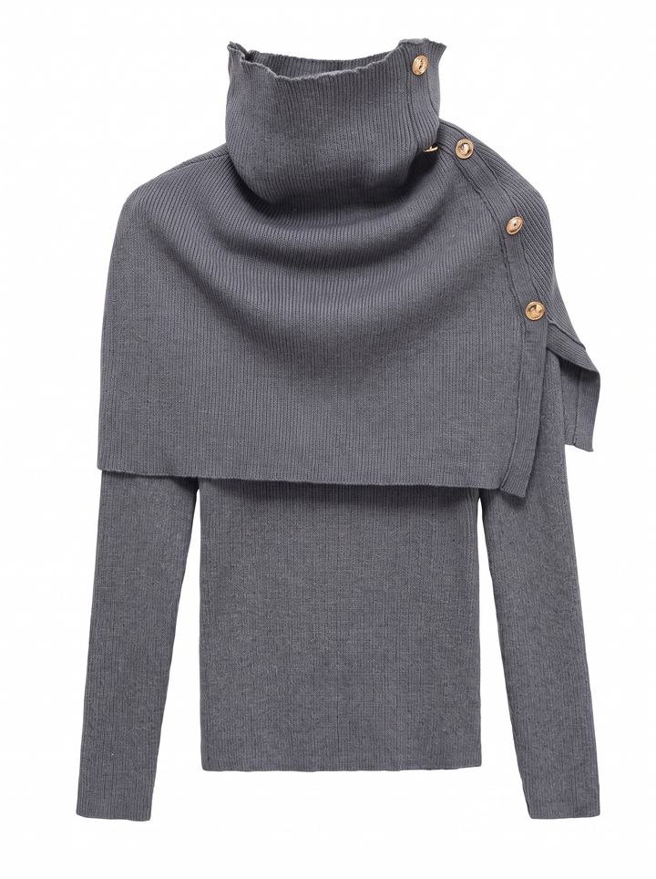Grey ribbed knit top with buttoned cape collar, front view