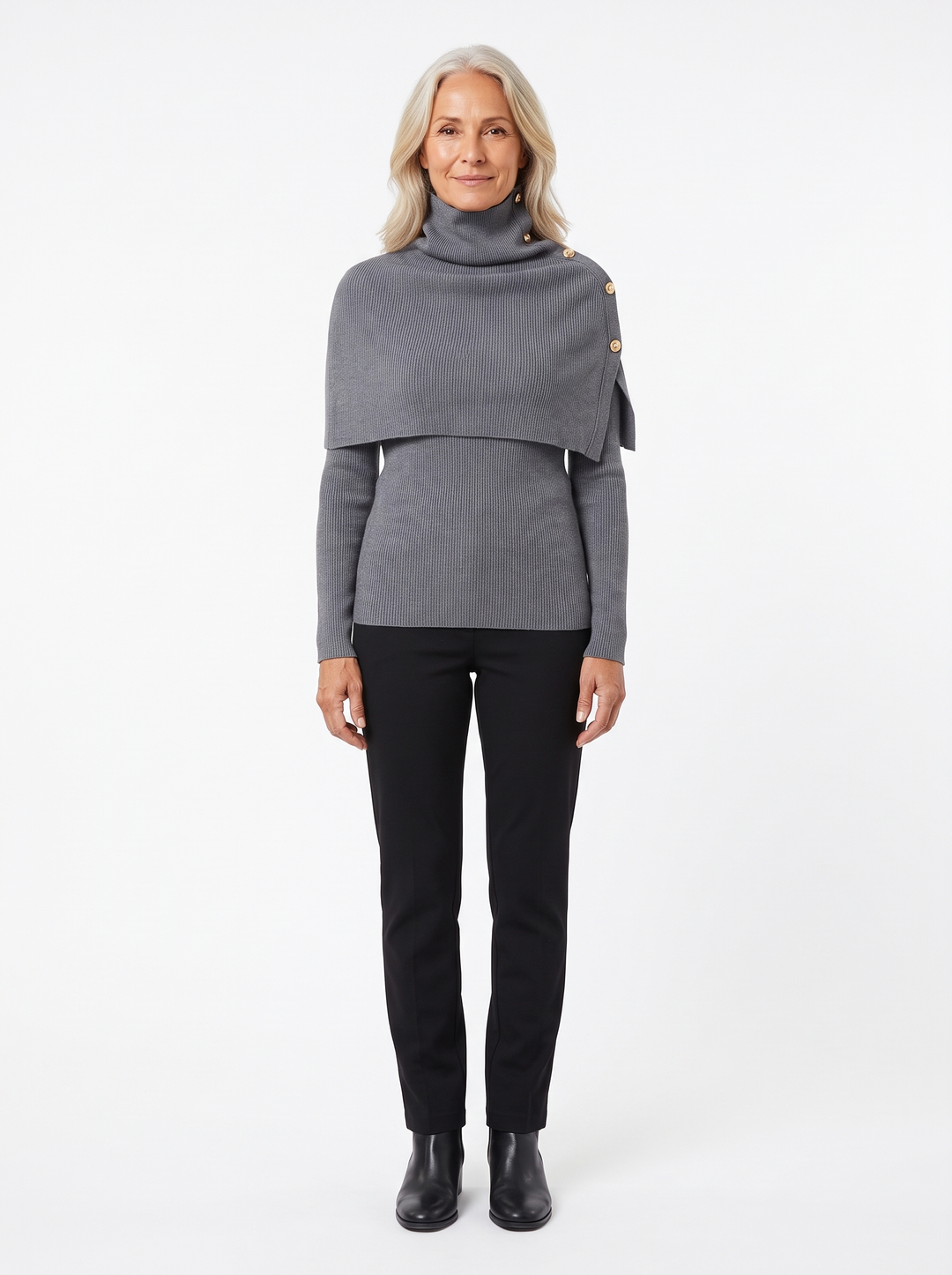 Woman wearing the grey knit top with cape collar