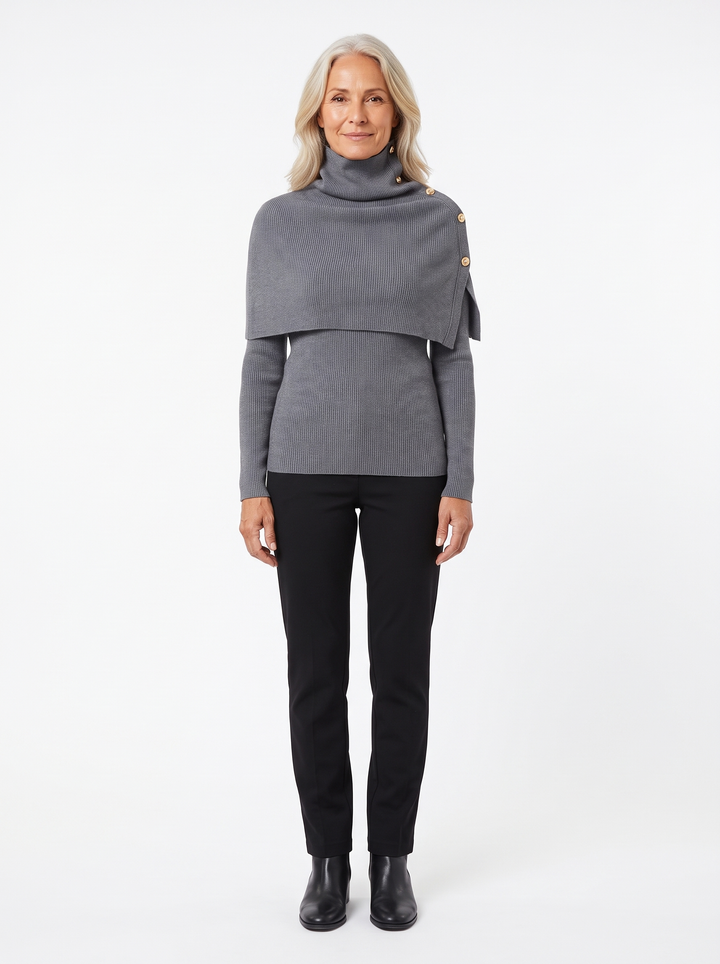 Woman wearing the grey knit top with cape collar