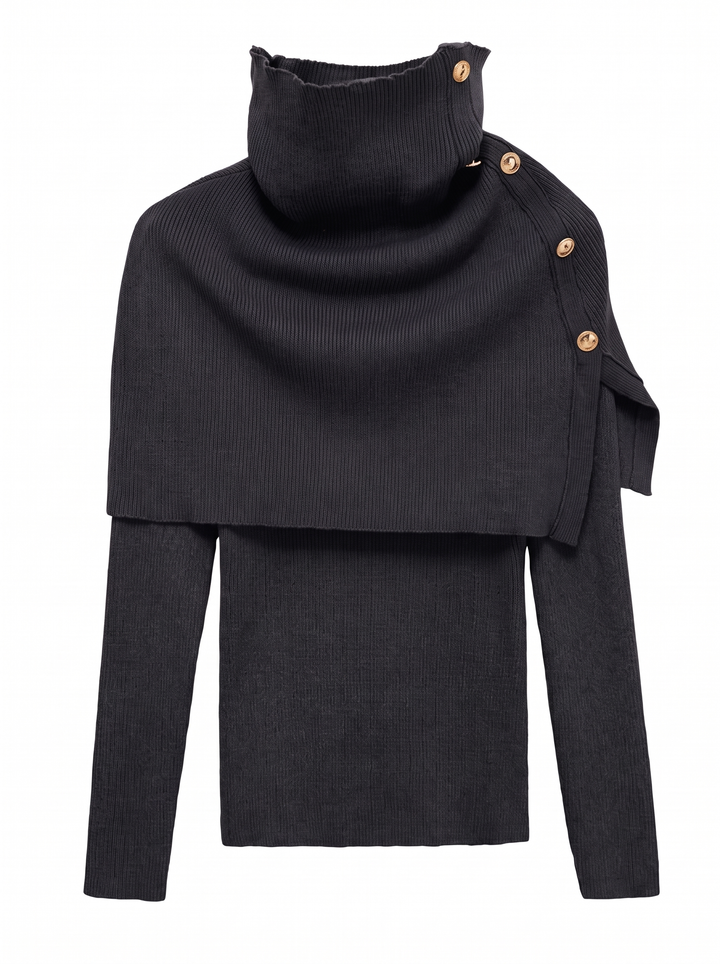 Black knit top with buttoned cape collar