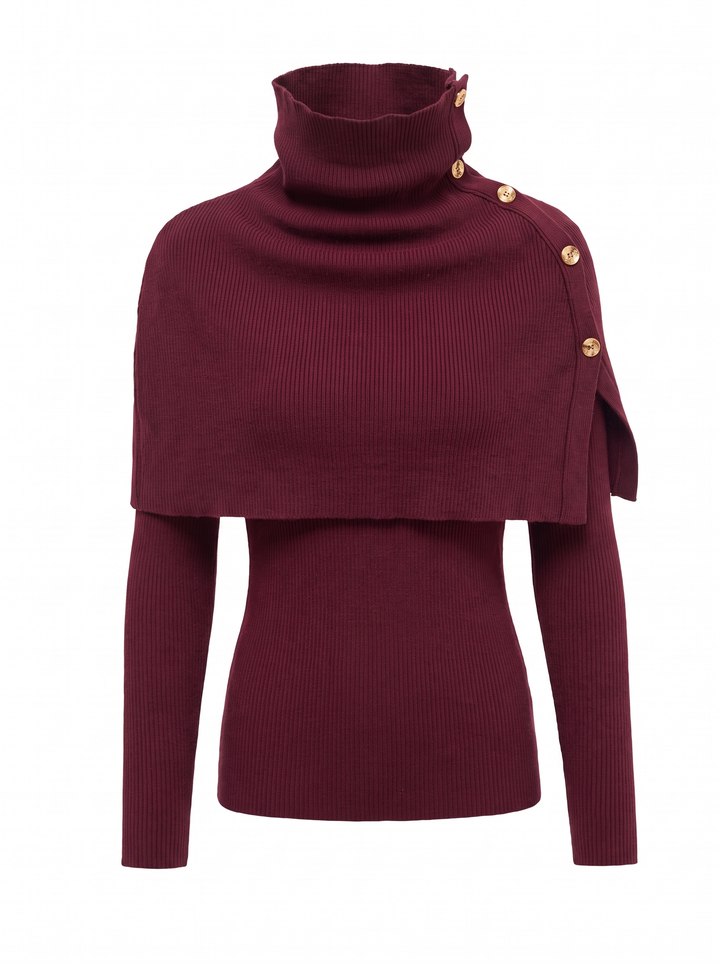 Burgundy knit top with buttoned cape collar