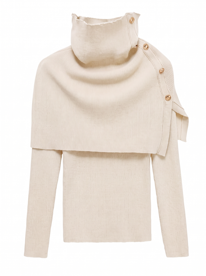 Cream knit top with buttoned cape collar