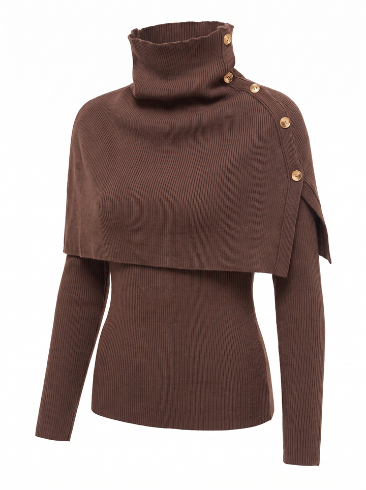 Brown knit top with buttoned cape collar
