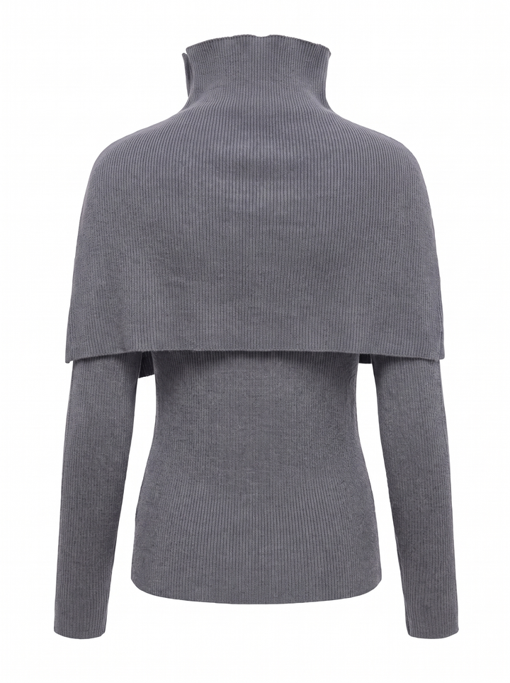 Grey ribbed knit top with cape collar, back view