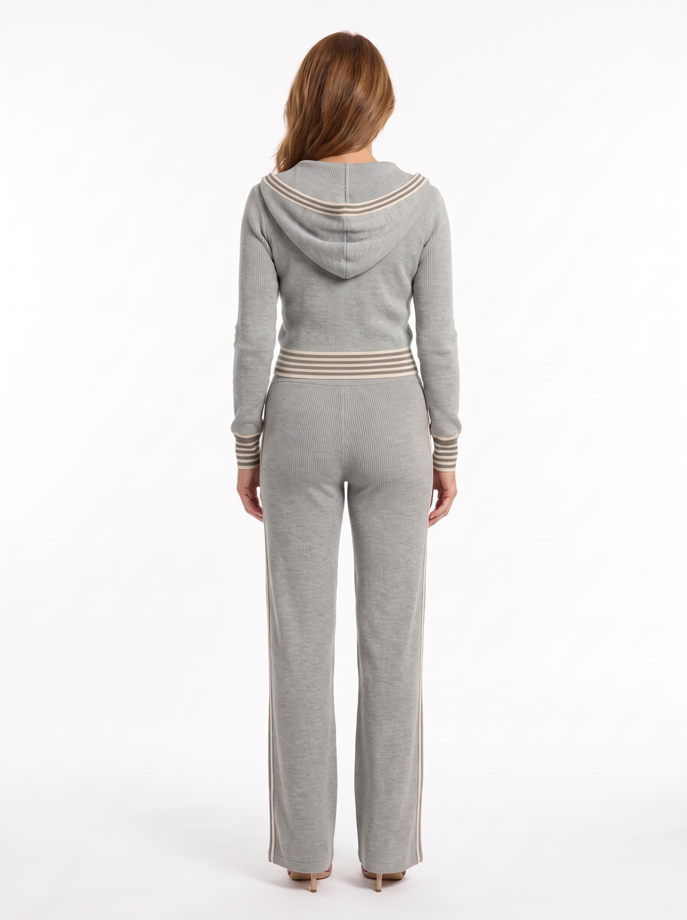 Grey knit hoodie and wide-leg trouser set, back view