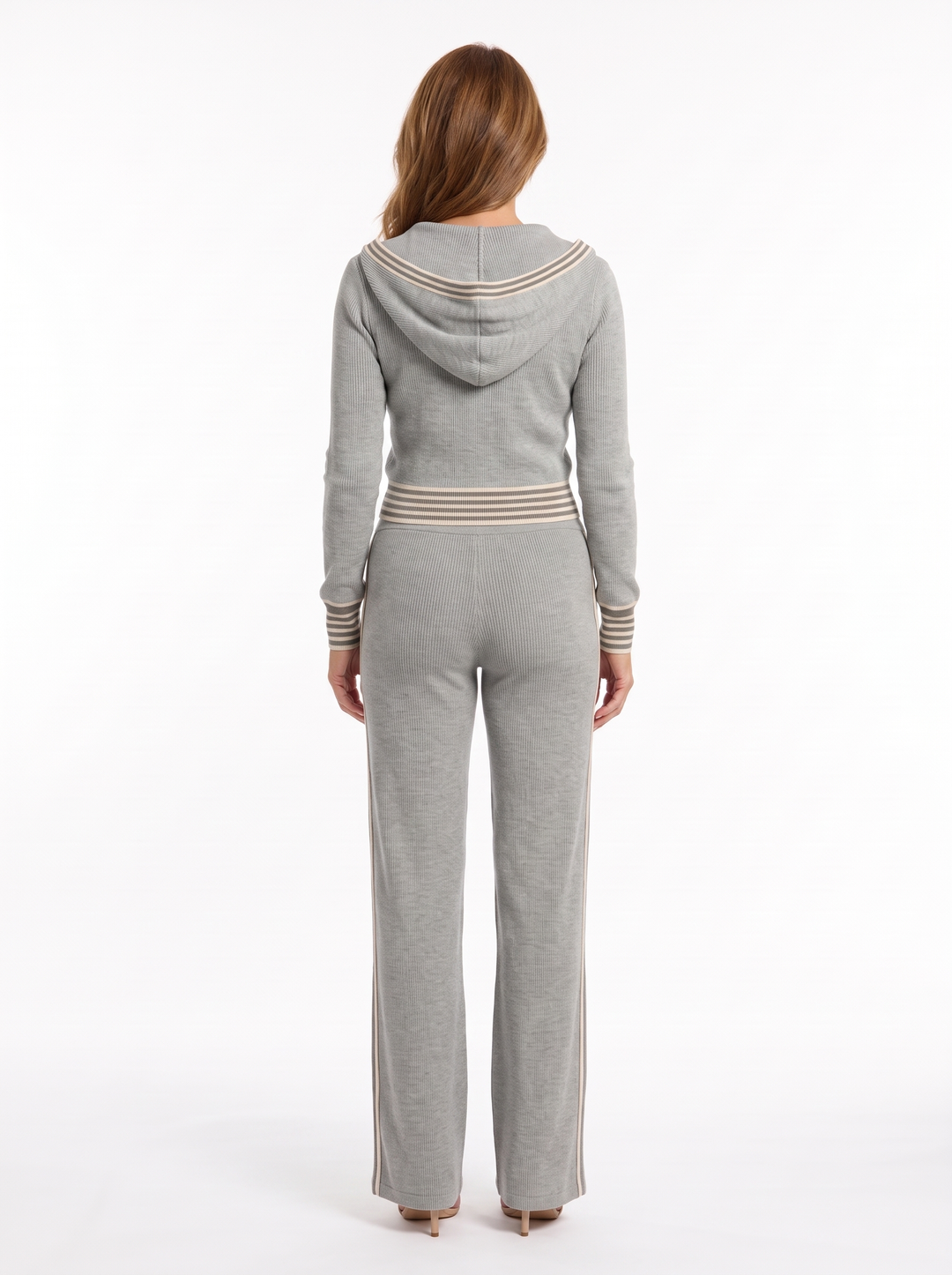 Grey knit hoodie and wide-leg trouser set, back view
