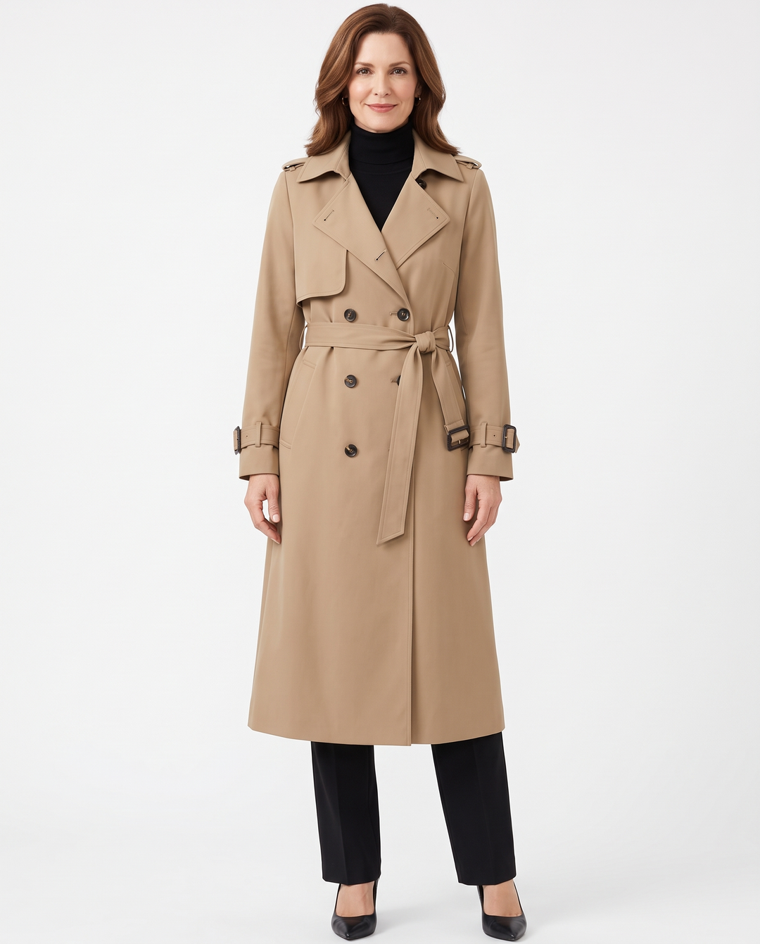 Lenora | Women's Belted Double-Breasted Long Trench Coat - Khaki