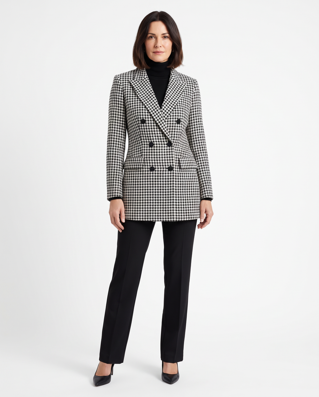 Ida | Women's Houndstooth Double-Breasted Longline Blazer