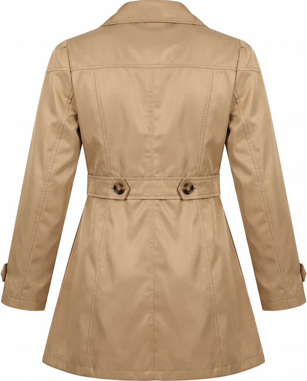 Clementine fitted mid-length trench coat in khaki, back with buttoned half-belt