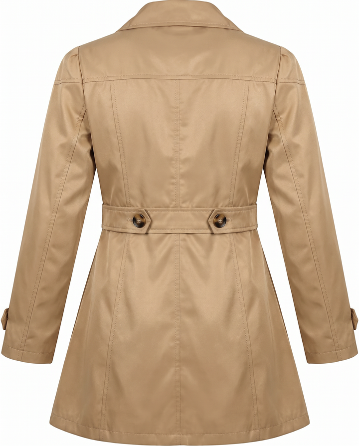 Clementine fitted mid-length trench coat in khaki, back with buttoned half-belt