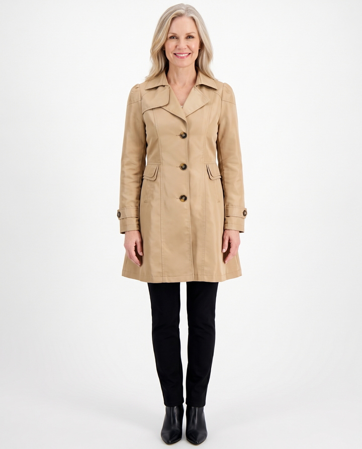 Woman wearing the Clementine fitted mid-length trench coat in khaki