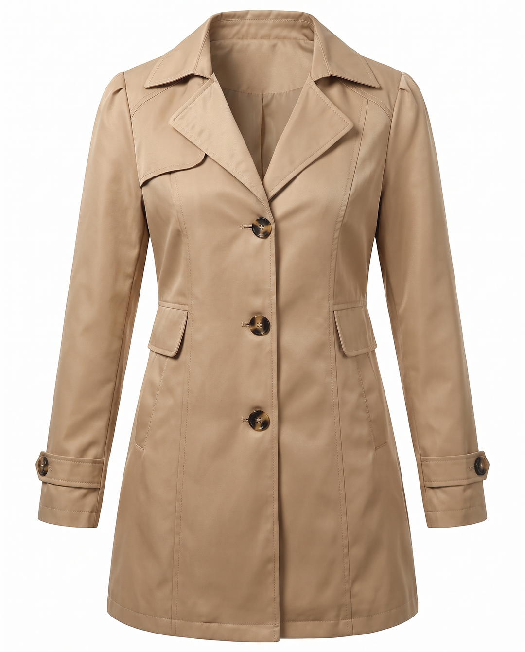 Clementine fitted mid-length trench coat in khaki, front